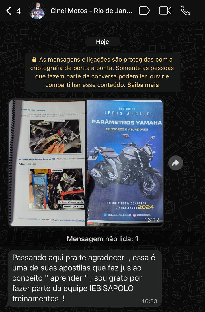 Print do WhatsApp: Cinei Motos, Rio de Janeiro, com o manual encadernado